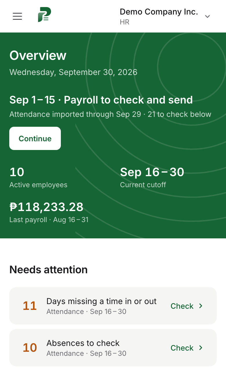 The SweldoFlow Overview on a phone: the current cutoff, the last payroll and the days to check