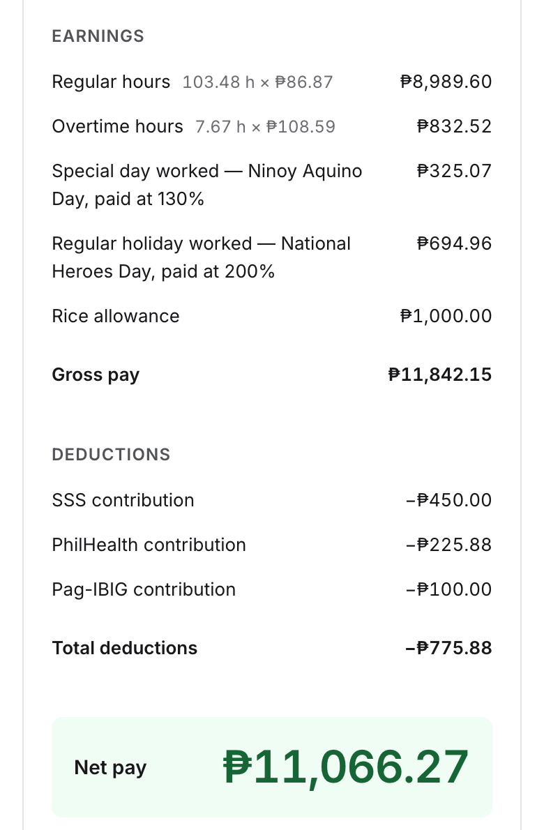 A payslip on a phone: earnings, government deductions and net pay